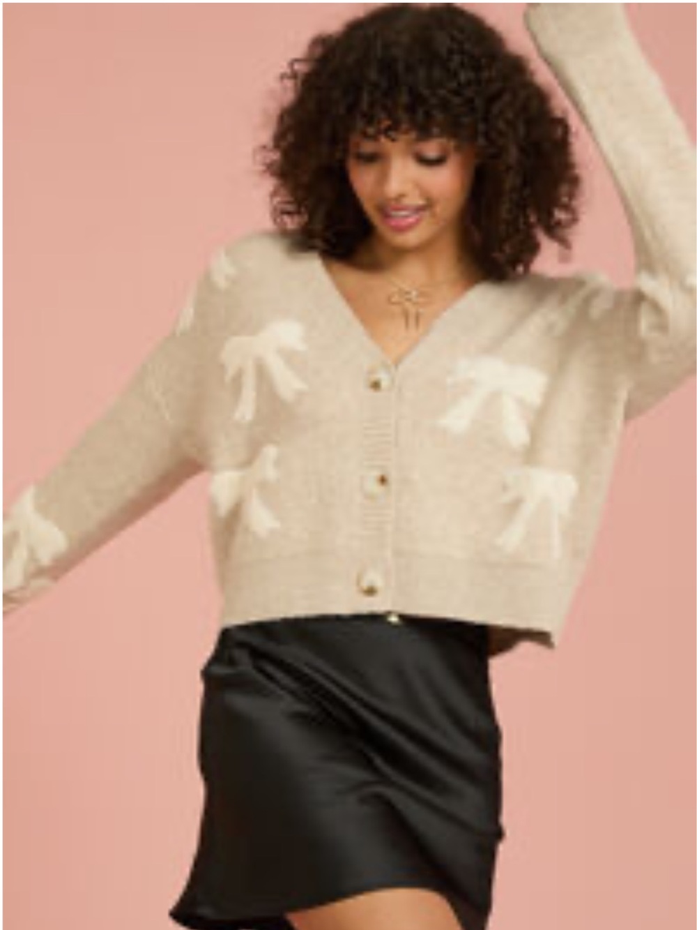 Altar'd State Bow Button Up Cropped V-Neck Cardigan Beige/Cream (Size Small)
